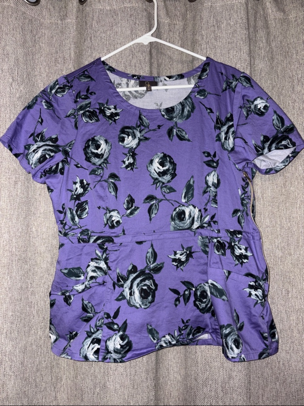 Jaanuu limited edition Purple Floral Short Sleeve peplum scrub top J96003